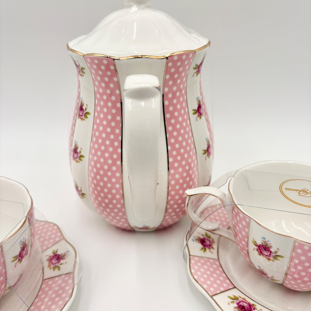 Grace Teaware Pink Polka Dot Rose Floral Porcelain Teapot and 2 Cup Saucer Set - Picture 6 of 11